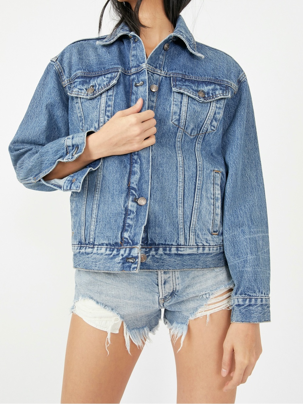 WE THE FREE Free People Jolene Trucker Denim Jean Jacket Deep Sea Blue